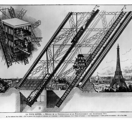 Details construction & operation Otis elevators - B & W engraving Paris Exhibition 1889